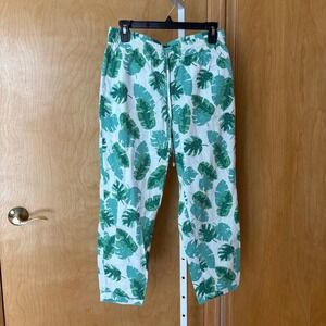 J Crew Women's Size 6 Green White Leaf Print Linen Blend‎ Elastic Waist Pants